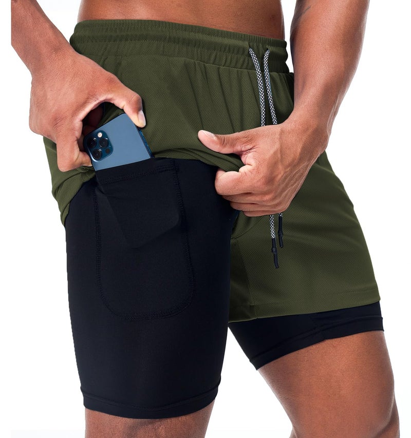 Surenow Men's Athletic Running Shorts Quick Dry Workout Shorts 2 in 1 Shorts 5" Gym Running Shorts for Men with Phone Pocket Green - Image 1